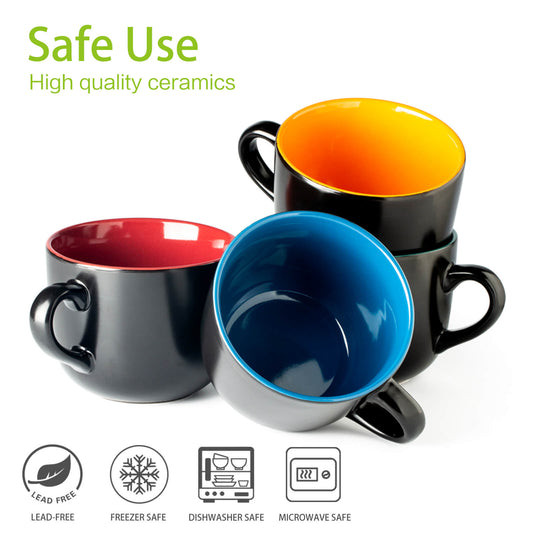 GBhome Jumbo Soup Mugs with Handles,24 Oz Large Coffee Mugs Set of 4,Ceramic Soup bowls for Cereal, Snacks, Salad, Pasta,noodle,Soup Cups,Microwave safe - Matte Black, Colorful Inside....