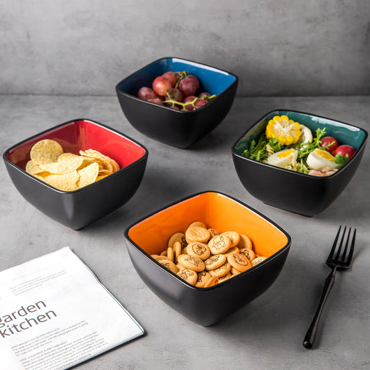 GBhome Cereal Sqaure Bowls Set for Kitchen, 32oz Large Ceramic Soup Salad Bowls Set