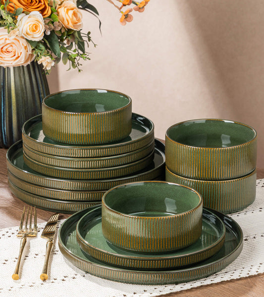 GBHOME Ceramic Dinnerware Sets for 4, 12 Pieces Stoneware Ribbed Plates and Bowls Set, Handmade Reactive Glaze Stackable Plate Sets, Scratch Resistant Dishes, Microwave &amp; Dishwasher Safe,Forest Green