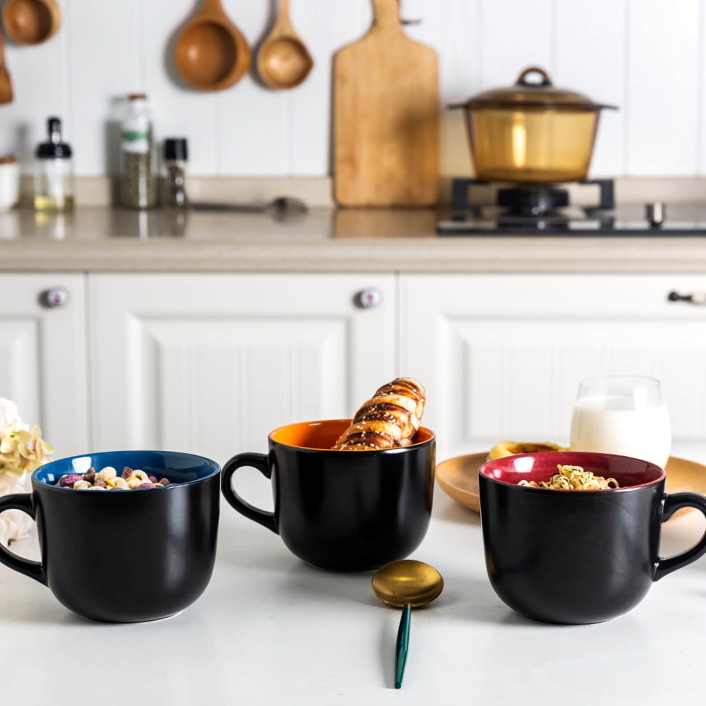 GBhome Jumbo Soup Mugs with Handles,24 Oz Large Coffee Mugs Set of 4,Ceramic Soup bowls for Cereal, Snacks, Salad, Pasta,noodle,Soup Cups,Microwave safe - Matte Black, Colorful Inside....